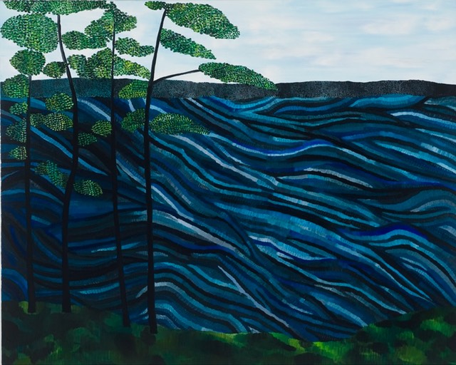 An oil painting of a blue body of water and trees