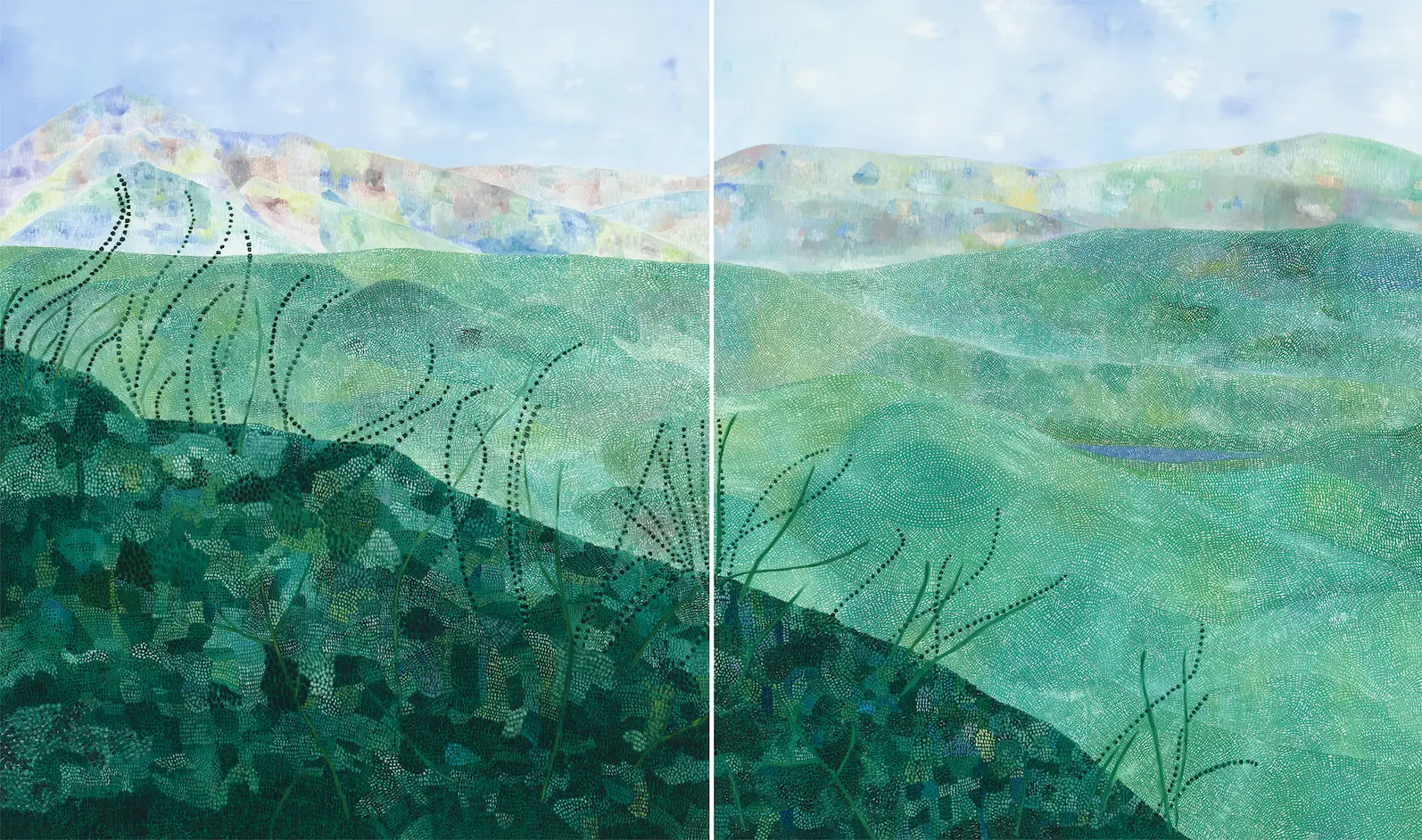 A diptych oil painting of grassy land