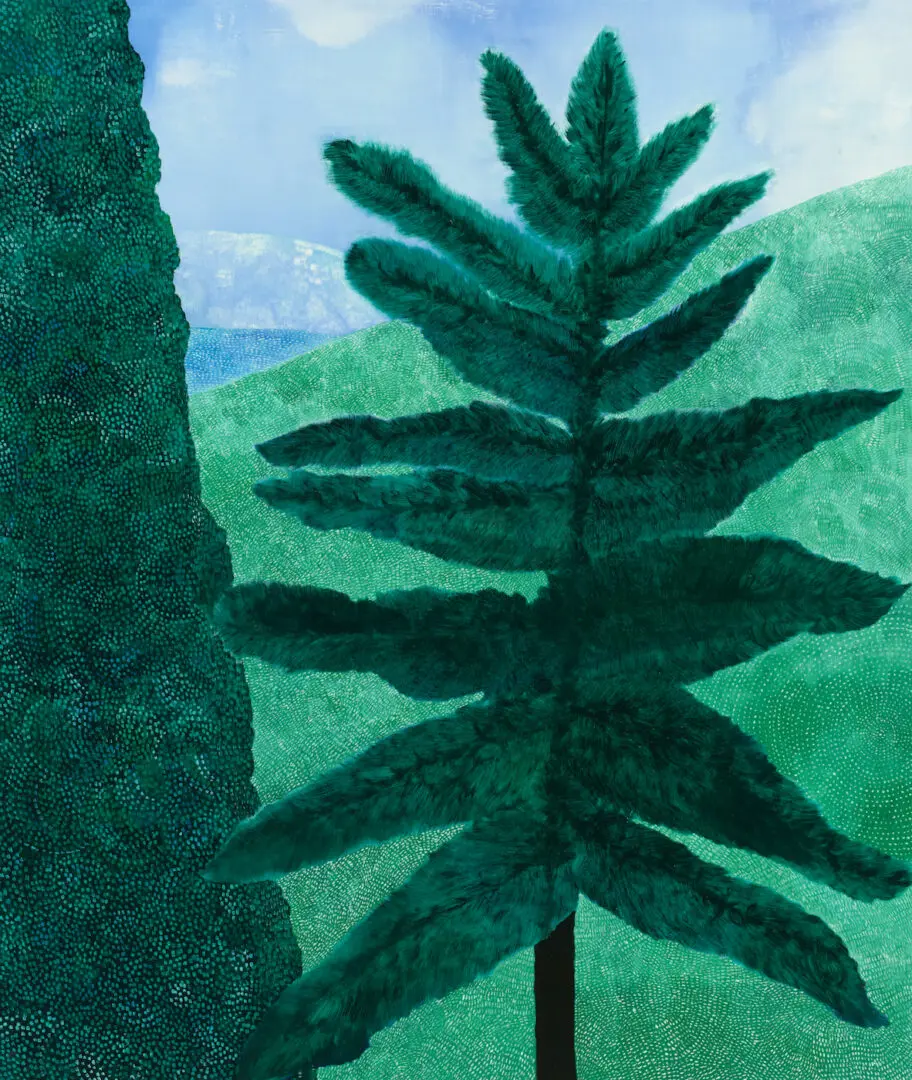 A painting of a tree on a slope